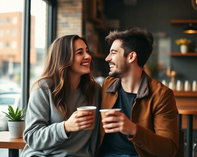 Couple laughing together at coffee shop