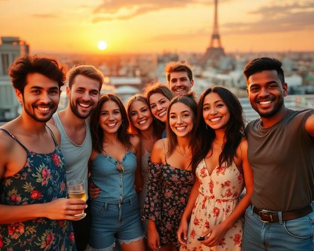 Friends celebrating at rooftop party