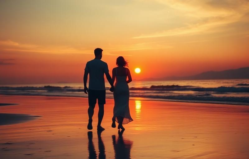 Couple walking on beach at sunset